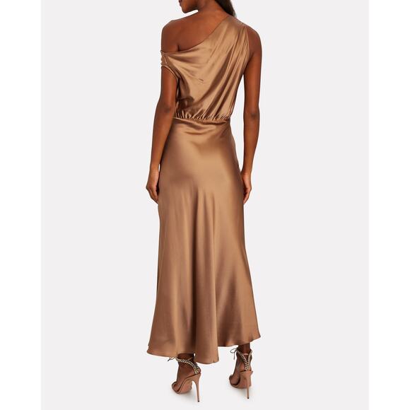 THE SEI Off The Shoulder Silk Maxi Dress Women 2 Brown Satin Cowl Neck Side Slit - Picture 2 of 16